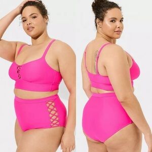 Torrid High Rise Lace Up Side Swim Bottom Hot Pink
